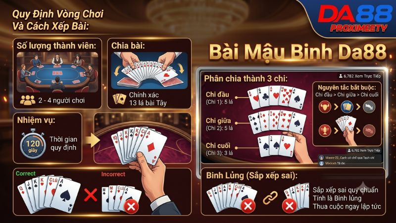 Sơ đồ hướng dẫn cách xếp 13 lá bài thành 3 chi trong Mậu Binh Da88.