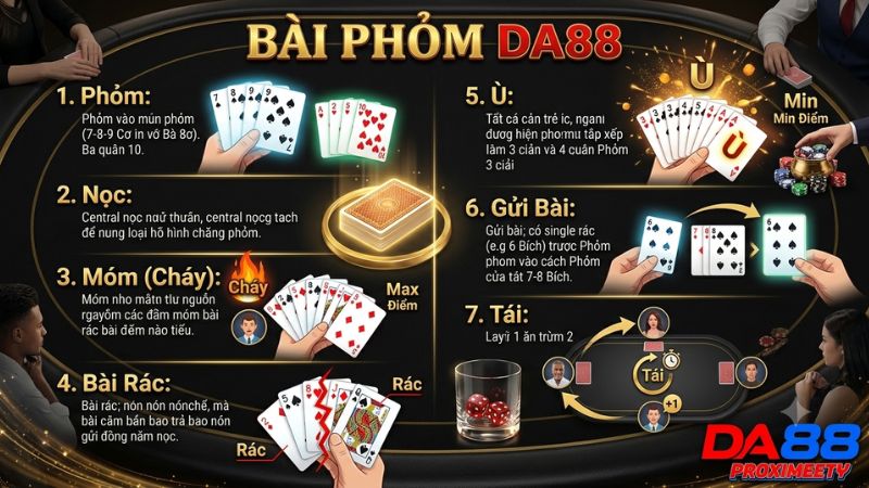 Sơ đồ minh họa các thuật ngữ cơ bản Phỏm Tá Lả như Nọc, Móm, Ù và Gửi bài.