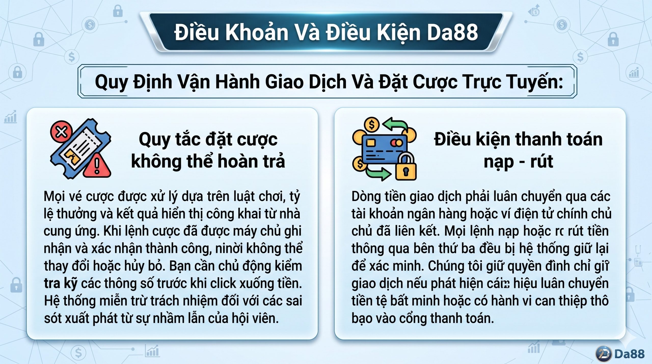 Bảng thống kê điều khoản cá cược trực tuyến và quy trình nạp rút tiền an toàn tại nhà cái Da88